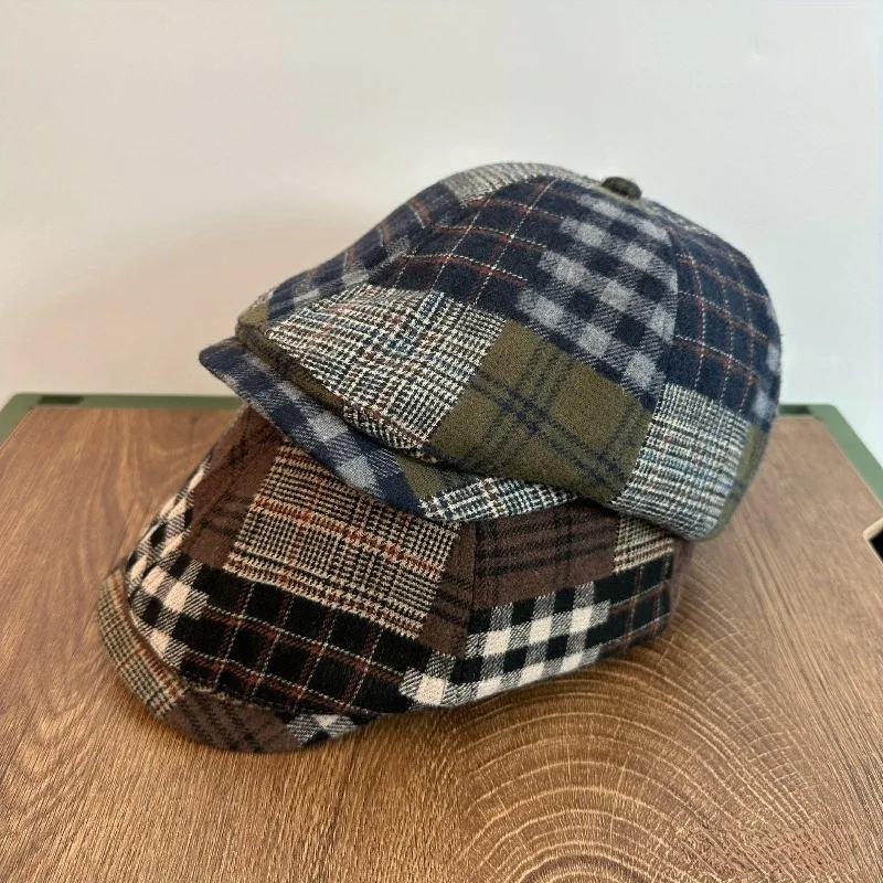 Autumn Winter Plaid Painter Hat Newsboy Cap Vintage British Color Block Octagonal Beret for Men Women Classic Daily Hat