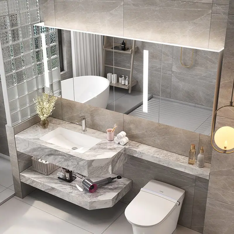 

Double-layer rock slab ceramic seamless basin bathroom cabinet combination simple sink