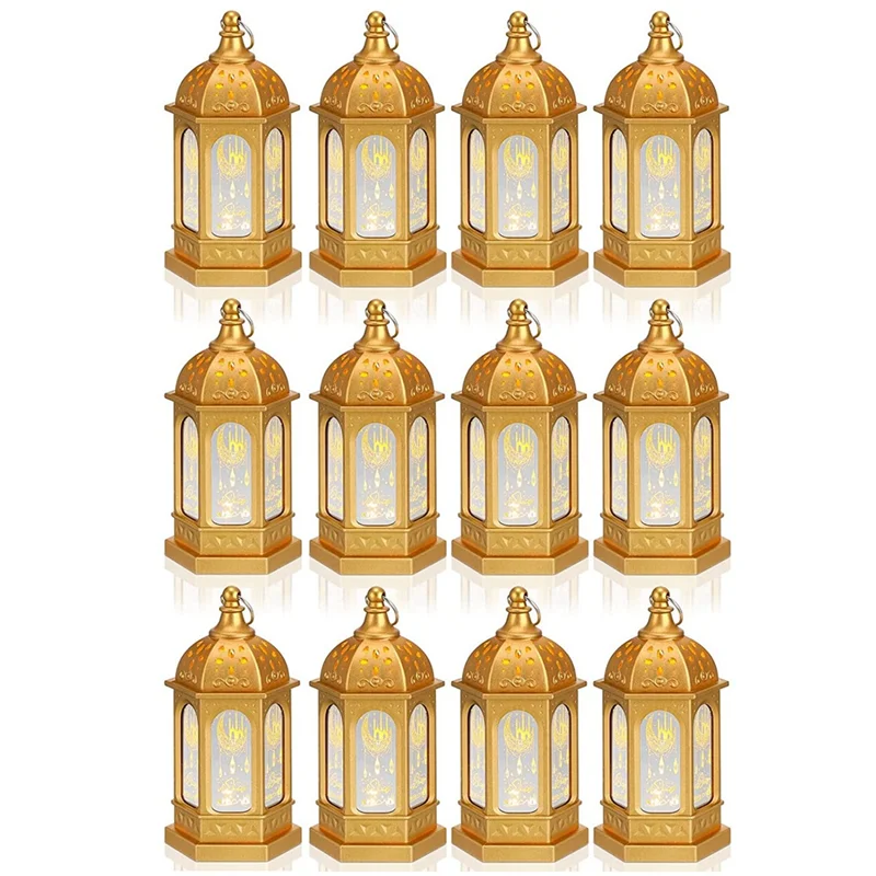 

12Pcs Mini Ramadan Candle Mubarak Lantern LED Eid Mubarak Lantern Moon Star Lights Moroccan Style Hanging Lantern D