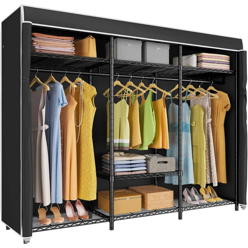 Heavy Duty Coverd Clothing Rack, Rack de roupas com capa de tecido Oxford, Armário Portátil com Prateleiras Ajustáveis e Hang Rods