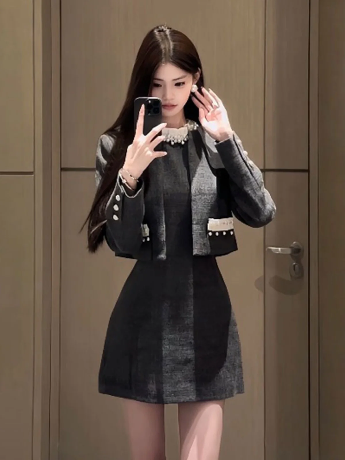 

Chic Korean Sle Two-Piece Set Spring Outfit Ele Dr And Coat Ensemble for Young Women Cotton Blend Long Sve