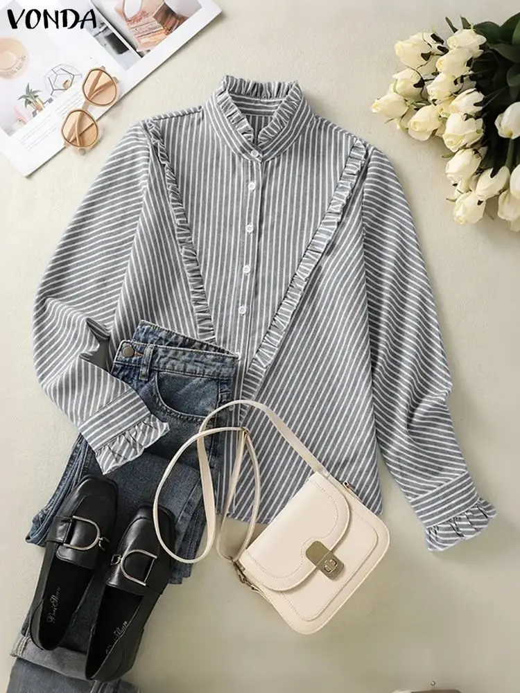 

ZANZEA Stripe Shirts Long Sleeve Korean Style Autumn Blusas Women Ruffled Tops 2025 Fashion Casual Loose Stand Collar Tunic
