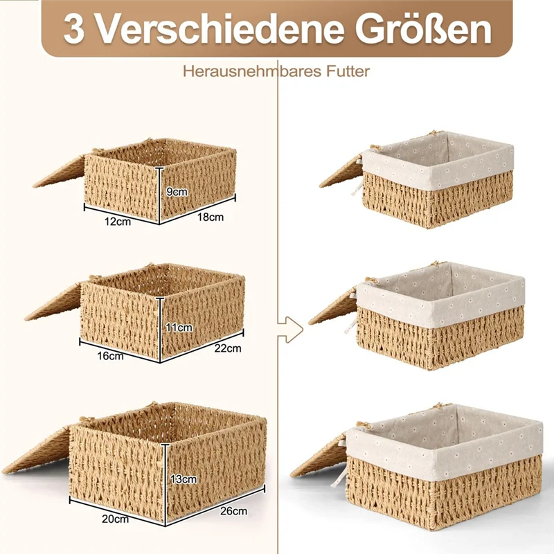 

Storage Basket, Pack Of 3 Storage Basket With Lid, Woven Basket Made Of Paper Rope, Boho Decor Baskets With Lining-ABQU