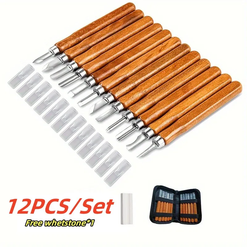 12pcs Wood Carving Knife Set SK2 Carbon Steel Blades Sculpting Carpentry Tools Give a whetstone DIY Sculpture Pumpkin Tool