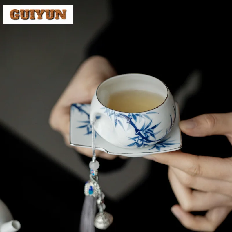 

80ml Hand Drawn Blue And White Bamboo Teacup Tea Bowl With Coaster Tea-tasting Smelling Cup Jianzhan Master Cups Saucer Kit Cafe