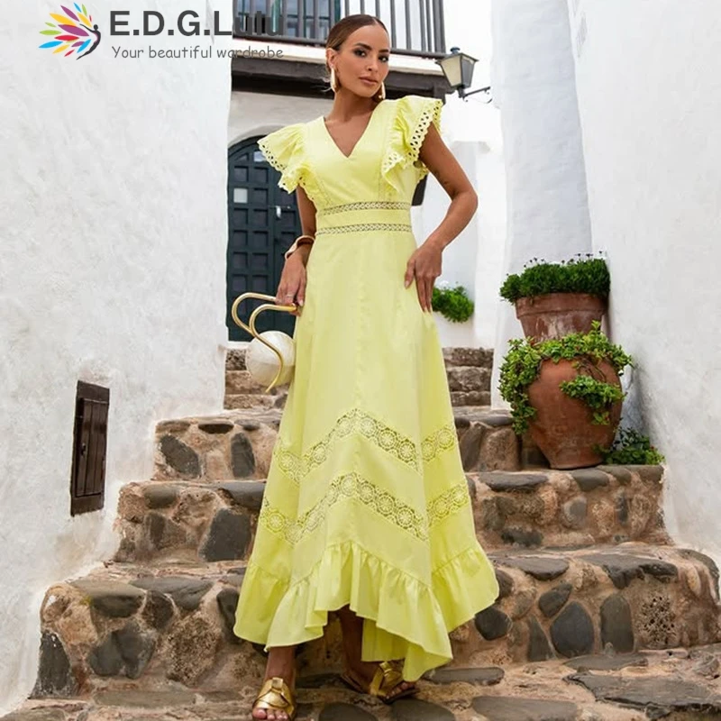 EDGLuLu Beach Vacation V-Neck Flying Sleeve Casual Women's Long Dresses Embroidered Lace Patchwork Loose White Yellow Dress 1220