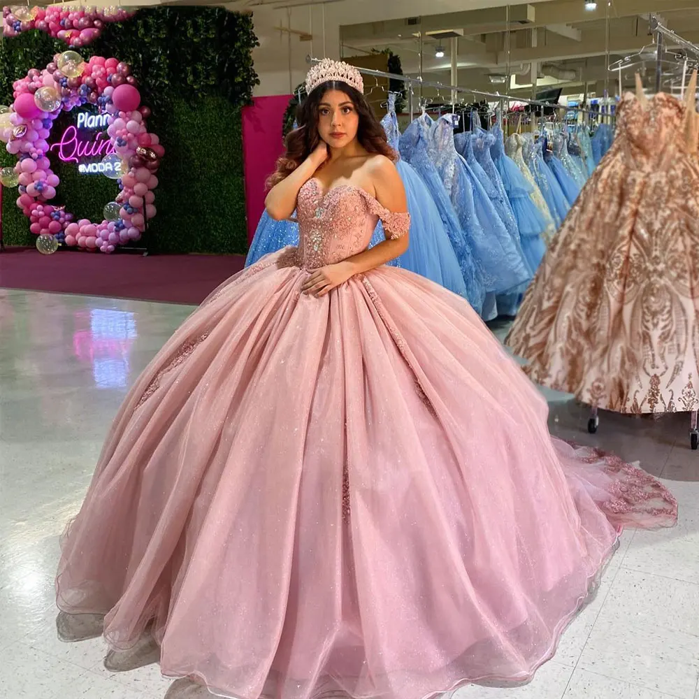 Vestido De baile De princesa rosa, quinceañera con cuentas De lentejuelas, Espalda descubierta, dulce Vestido De cumpleaños De 16 purpurina, desfile De 15 años