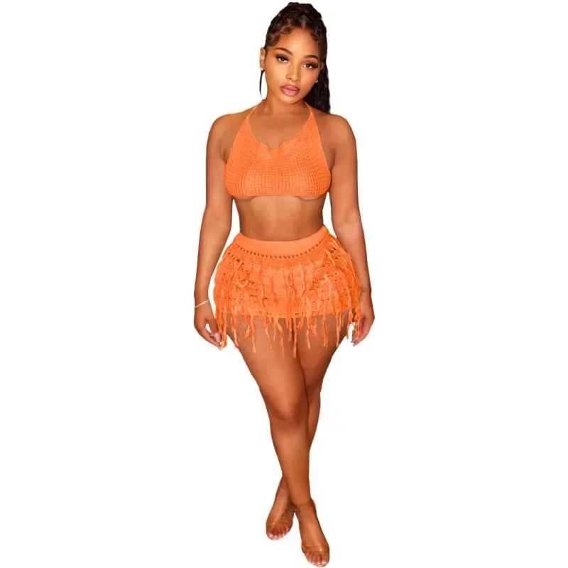 Traje de baño para cubrir la playa, Bikini para mujer, traje de baño tejido con gancho ahuecado, Falda corta Sexy sin tirantes, conjunto de dos piezas de salida