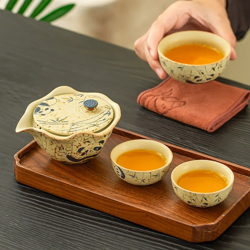 Panda Playing Bamboo Ceramic Luxury Retro Gaiwan Travel Tea Set One Pot Three Cups Portable Outdoor Camping Tea Tool Set Gift