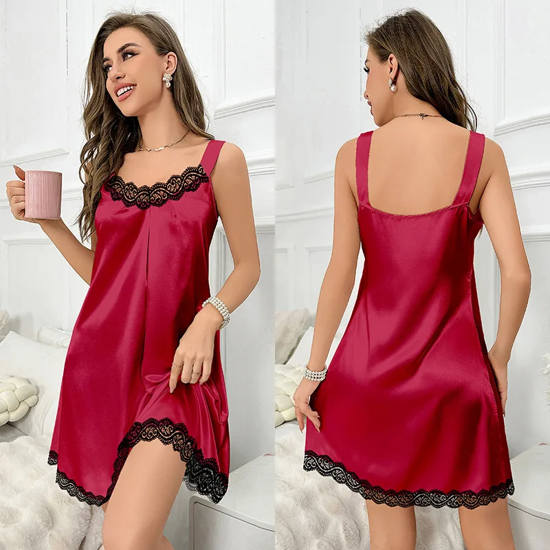 Sexy Satin Nightgown Nightwear Home Dress Lace Trim Loungewear Women Sleepwear Sleeveless Nightdress Gown