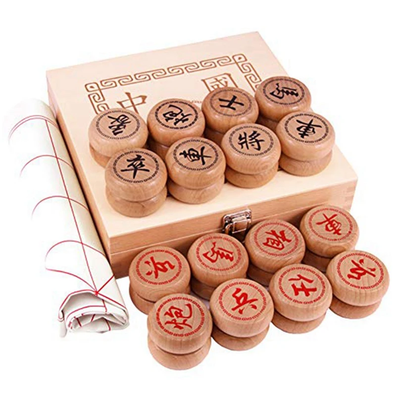 

Chinese Chess Set Beech Chess Traditional Board Game Educational Toys 5Cmx1.8Cm Chess Pieces With Chess Board