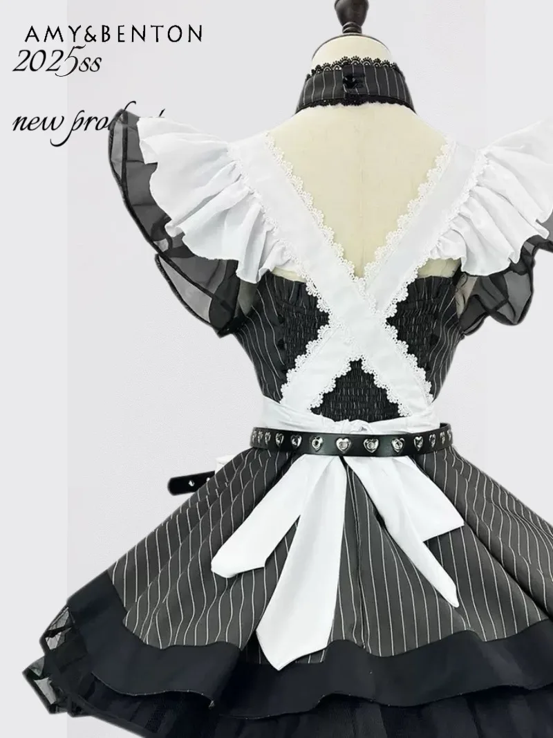 Süße Lolita Dark Maid Sexy Outfit Frauen japanische süße Schleife Flattern Ärmel Plaid Patchwork hohe Taille Mini Ballkleid Kleid Schürze