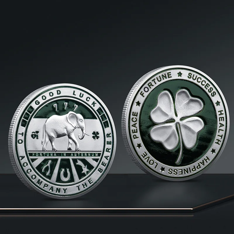 Lucky Elephant Four Leaf Clover Challenge Coin Good Luck Fortune Health Happiness Commemorative Souvenir Coin Collection Gift