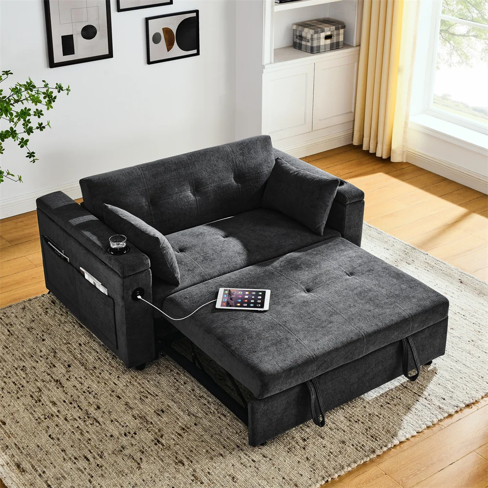 

Wholesale Chenille Fabric Double Seat Recliner Adjustable Backrest Sleeper Pull Out Sofa Bed with USB Charger for Apartment