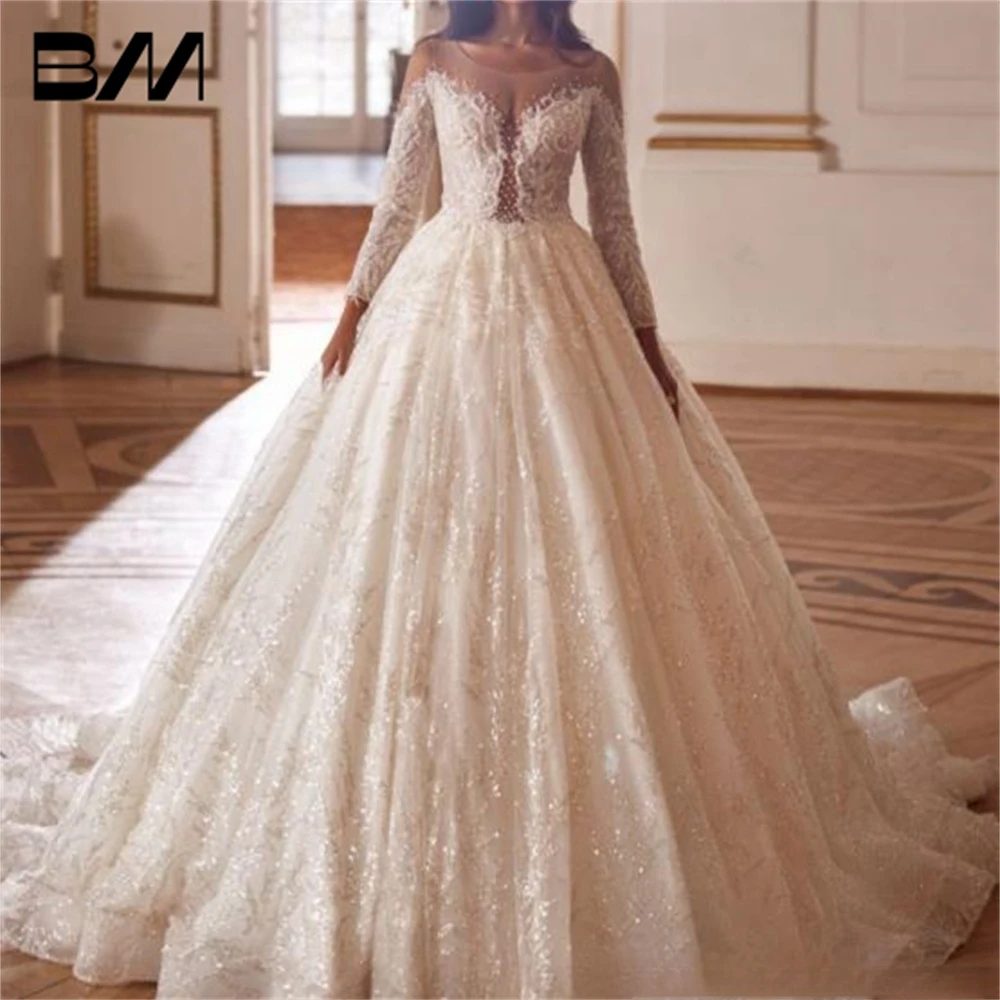 

BRLMALL Ball Gown Wedding Dress With Glitter Appliques Sheer Neck Long Sleeve Bridal Gown Court Train Bride Dresses For Women