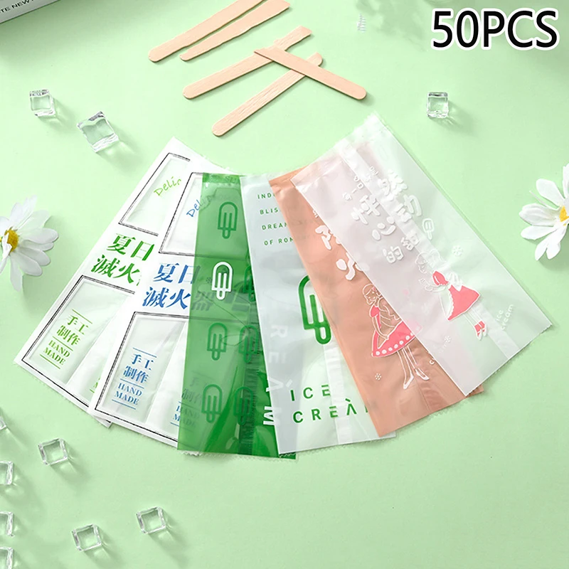 50pcs Food Grade Ice Cream Bags Disposable Plastic Popsicle Protective Cover Storage Transparent Ice Popsicle Packing Bag DIY