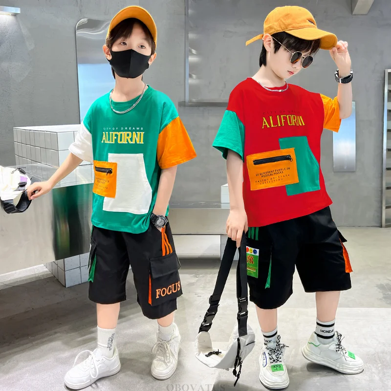 Hot Sale Kids Summer Top and Bottom Clothing Set For Tween Boys Korean Style Cotton 2 Pieces Suit Child Clothes Tracksuit Outfit