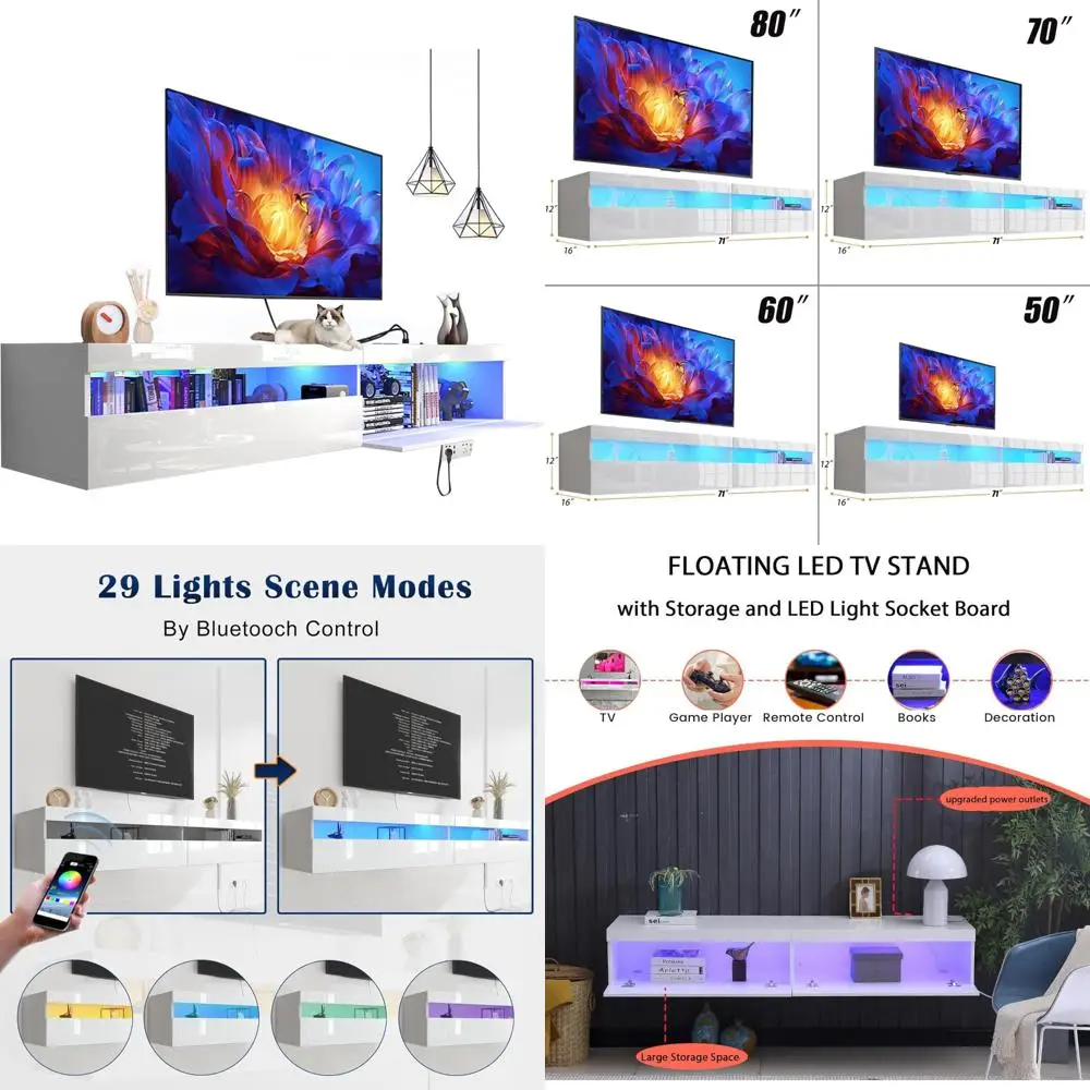 

Modern Wall-Mounted Entertainment Center with LED Lights and Power Outlet, 71-Inch TV Cabinet Stand with Storage