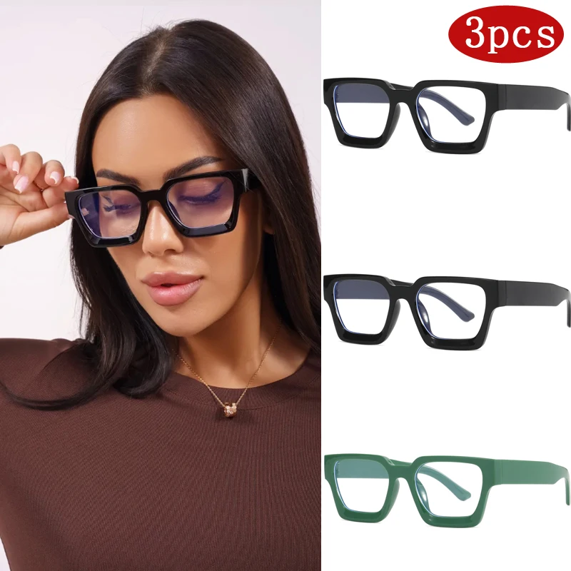 

3pcs Vintage Square Frame Decoration Glasses Brand Designer Big Frame Flat Mirror European And American Anti-blue Glasses