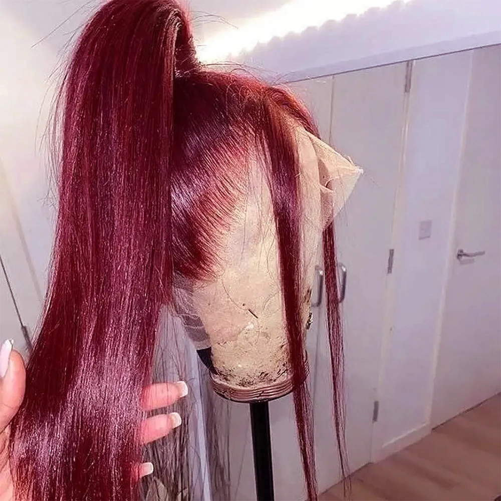 Wig renda penuh 360 Burgundy rambut manusia Wig rambut manusia pra pencabutan lurus tulang 250 Wig renda kepadatan tinggi 99J 360 renda depan Wig rambut manusia