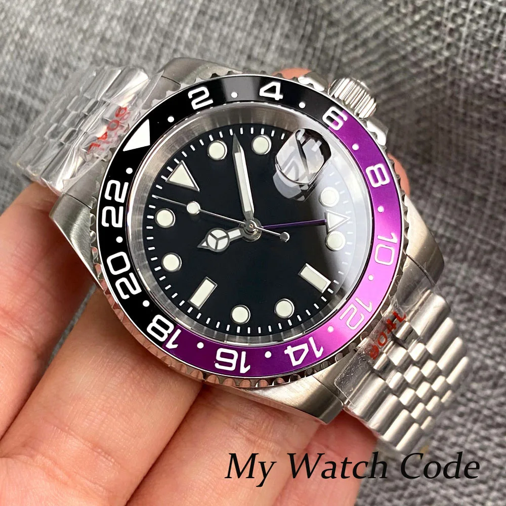 Nologo Dive NH34A Purple GMT Hand Dual Time Greenwich Automatic Men Wristwatch Steel Waterproof Clock Luxury SUB Jubilee Reloj