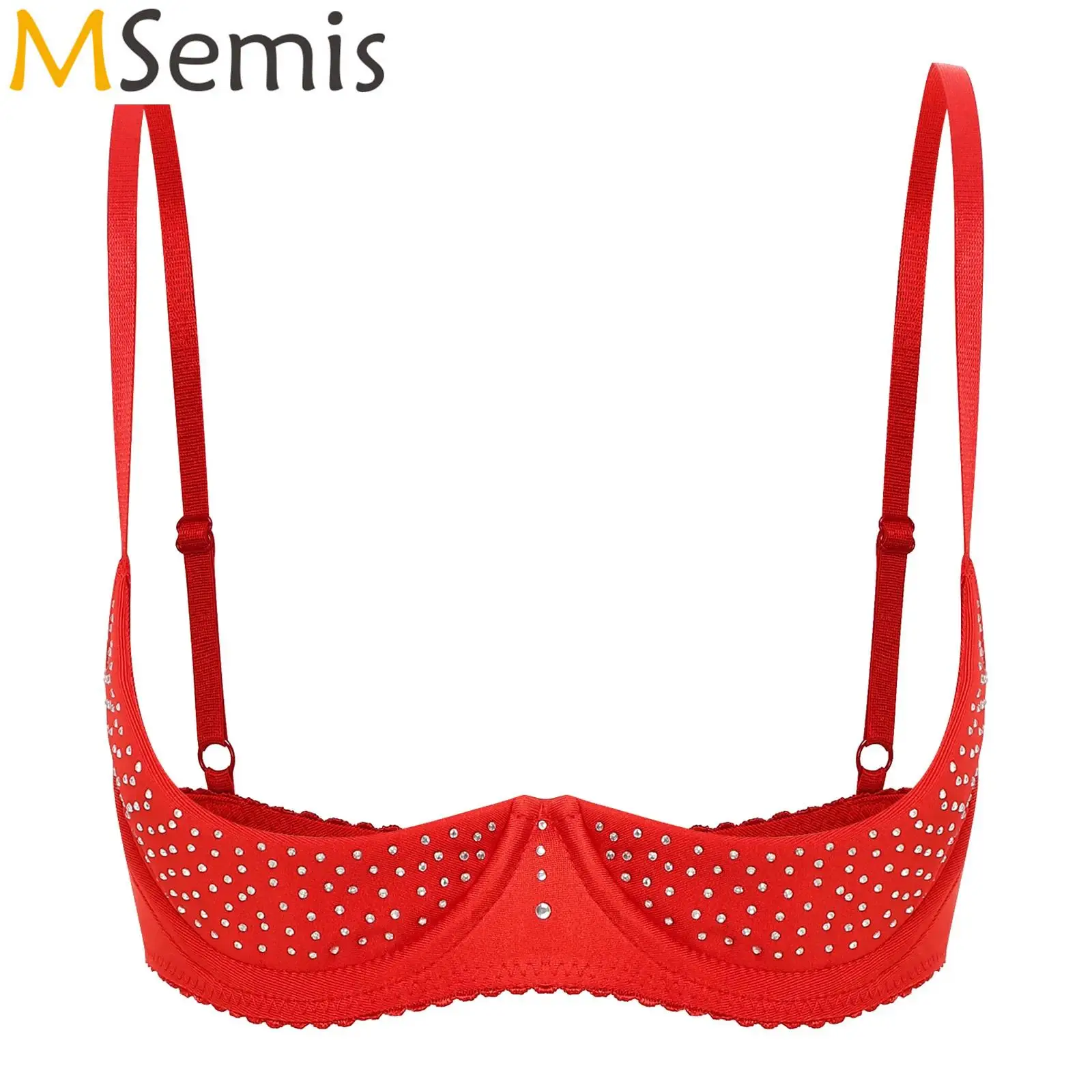 Womens Sparkly Rhinestone Open Chest Bra Lingerie Adjustable Spaghetti Straps Underwire Half Cup Push Up Balconettes Underwear