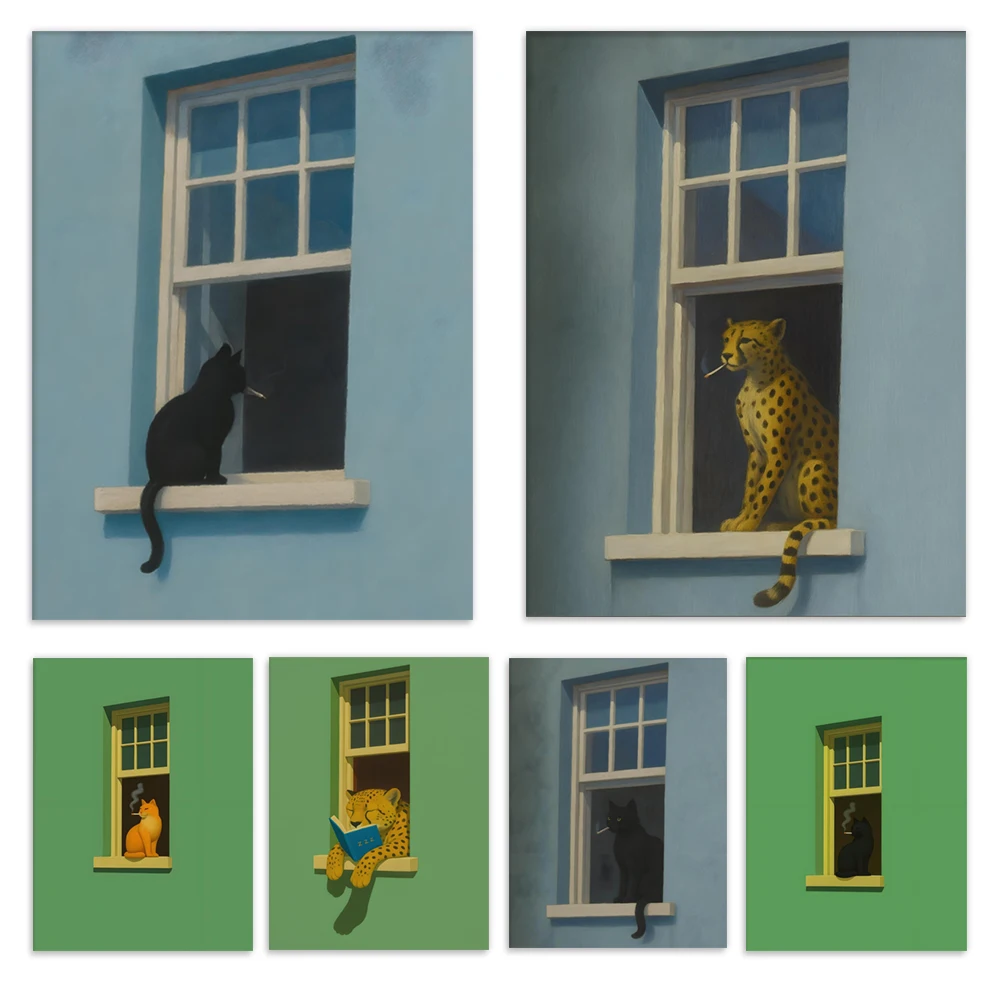 Léopard, chat noir fumant, lecture de chat noir mélancolique, affiche de fenêtre d'été tranquilique, décorations d'animaux minimalistes