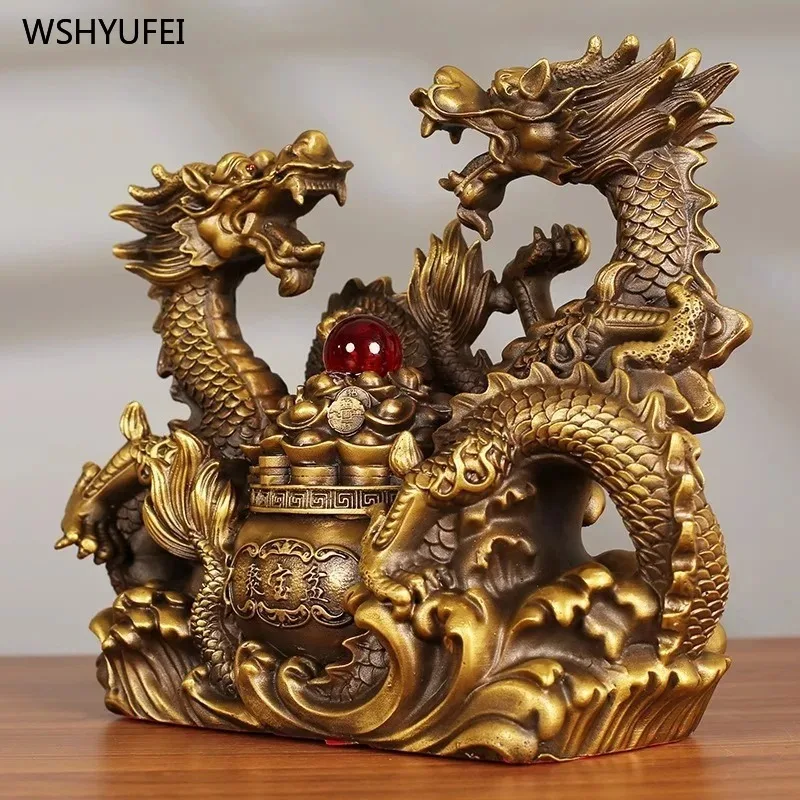 Metal dragon ornaments Double Loong Treasure Bowl Sheng Xiao Feng Shui ornaments for attracting wealth Gift for store opening