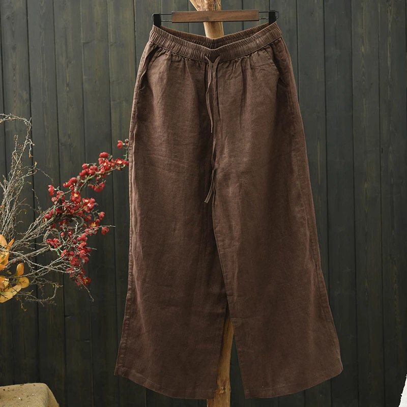 

Женские повседневные брюки из 100% льна, новинка 2026 года, весенний винтажный стиль, однотонные, свободные, удобные, широкие штанины, модель M2417