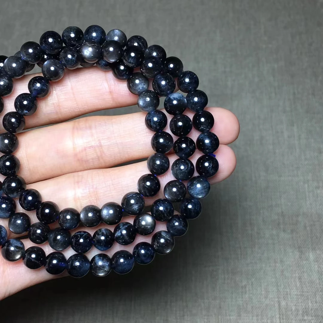 Natural Black Blue Aquamarine 3 Laps Round Beads Bracelet 6.5mm Star Light Women Men Aquamarine Bracelet Fashion Jewelry AAAAAA