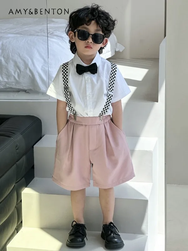 

Boys' Summer Suspender Shorts Outfit Set with Short-Sleeve Shirt Bow Tie Suspenders Perfect for Birthdays Performances Weddings