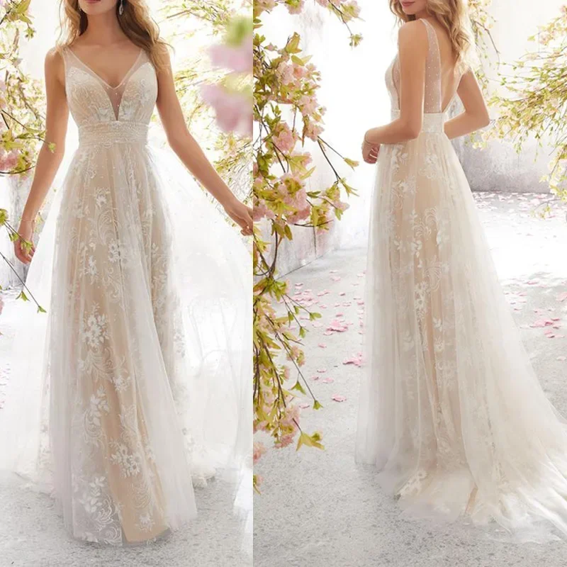 slim V-neck sleeveless lace wedding dress 2024 European and American new wedding dress fashion