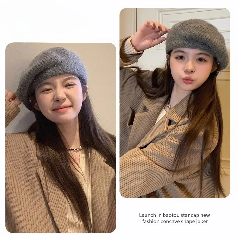 INS Casual Solid Color Fall Winter Knit Beret Hat for Women Trendy Plush Painter Hat Versatile Oversized Face Slimming Beanie