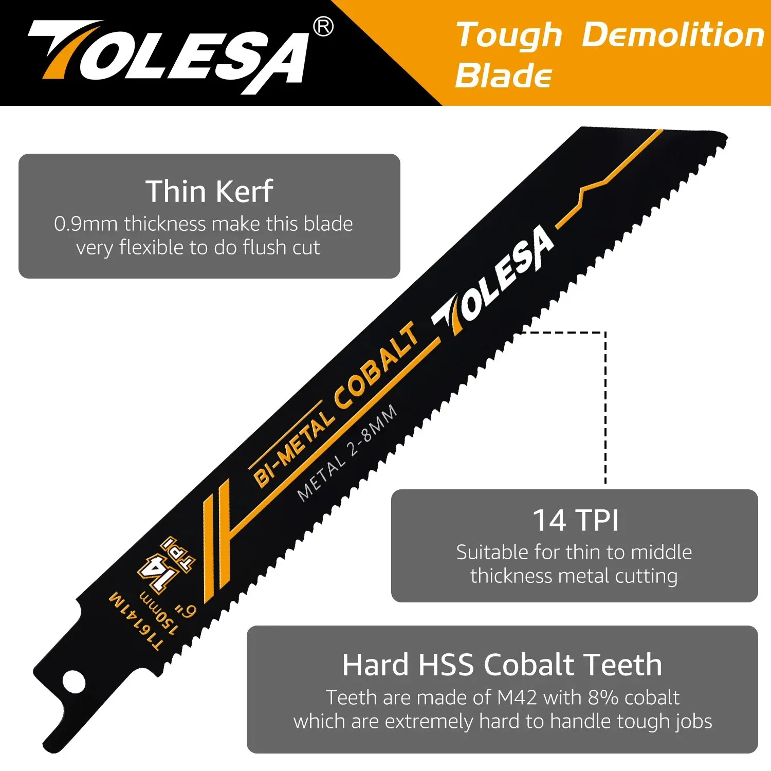 TOLESA 5PCS Heavy Metal Cutting Reciprocating Saw Blades 6in/9in 14TPI Cast-Iron Bi-Metal Sabre Saw Blades for Metal Pipe, Rebar