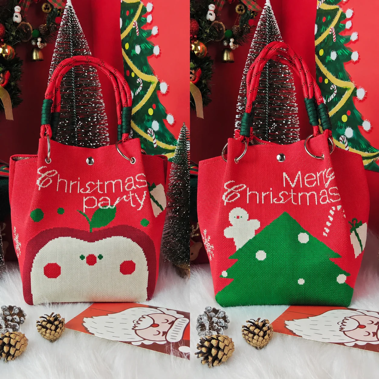 Christmas Themed Bag Double Sided Christmas Knitted Handbag Christmas Tote Bag Medium Hardness Knitted Cotton Handbag