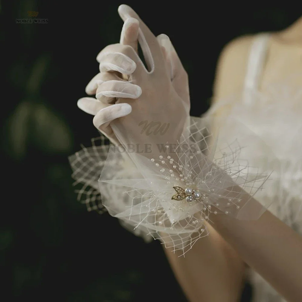 Frauen Hochzeit Braut Kurz Handschuhe Net Volle Finger Sehen Durch Perlen Handgelenk Länge Kostüm Prom Party Handschuhe