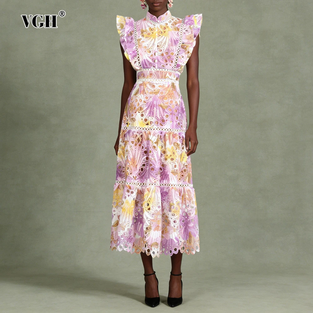 

VGH Cute Slimming Printing Hollow Out Dresses For Women Stand Collar Sleeveless High Waist Summer Casual Fresh Dress Female New