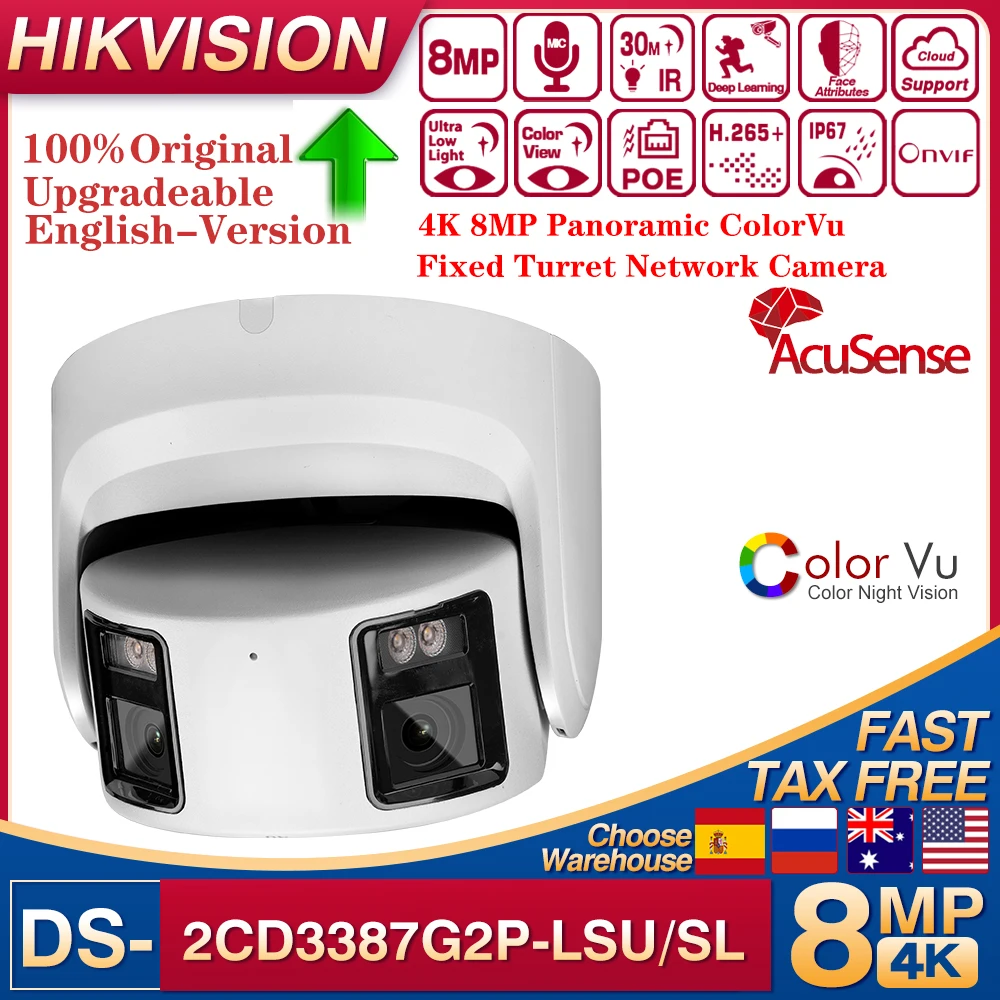 

Оригинальная панорамная IP-камера Hikvision DS-2CD3387G2P-LSU/SL 4K 8MP POE ColorVu 180 ° Безопасность CCTV 2-стороннее аудио WDR