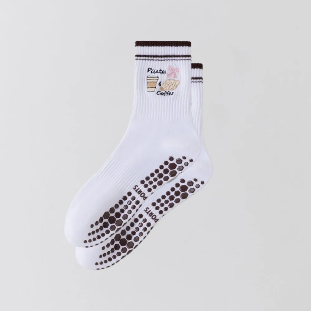 

New Cotton Pilates Socks Harajuku Street Breathable Cherry Embroidery Socks Casual Non-Slip Grip Mid Tube Socks