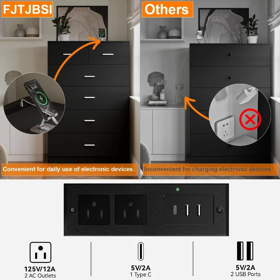 Wooden 6-Drawer Dresser with Integrated Power Outlets and Large Storage Organizer in Black Finish Tall Modern Chest of Drawers
