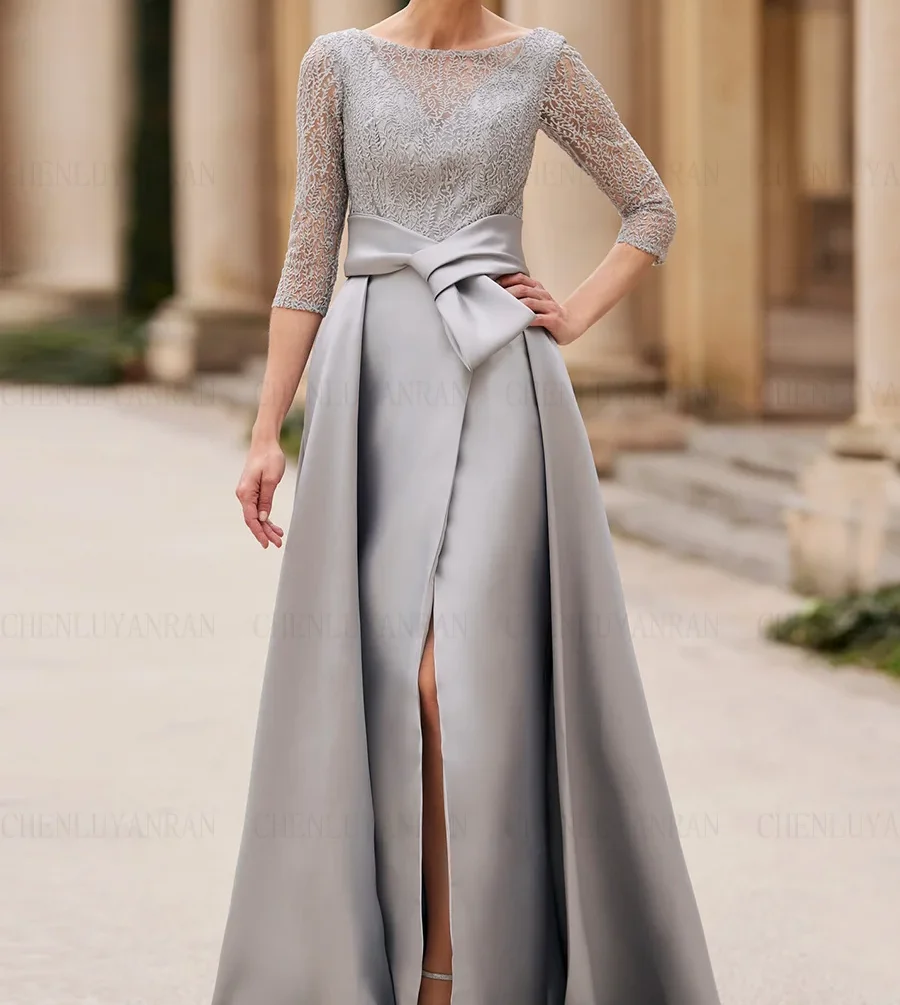 2023 Elegant Gray Satin Mother of the Bride Dresses  A-Line Lace Pleated Wedding Guest Gowns Front Split Dress Women For Wedding