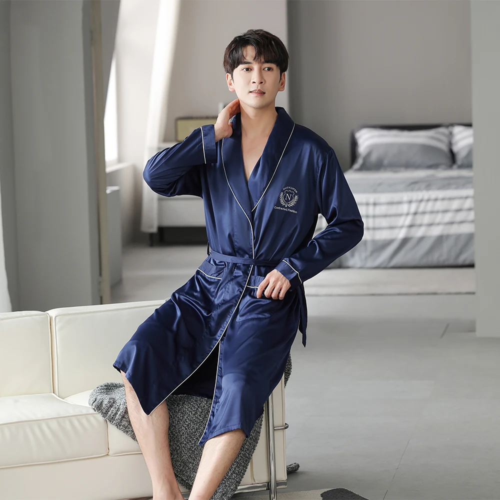 Spring Summer Ice Silk Thin Men\'s Bathrobe Casual Solid Shower Robe Faux Silk Smooth Satin Bath Robe Comfortable Soft Kimono 4XL