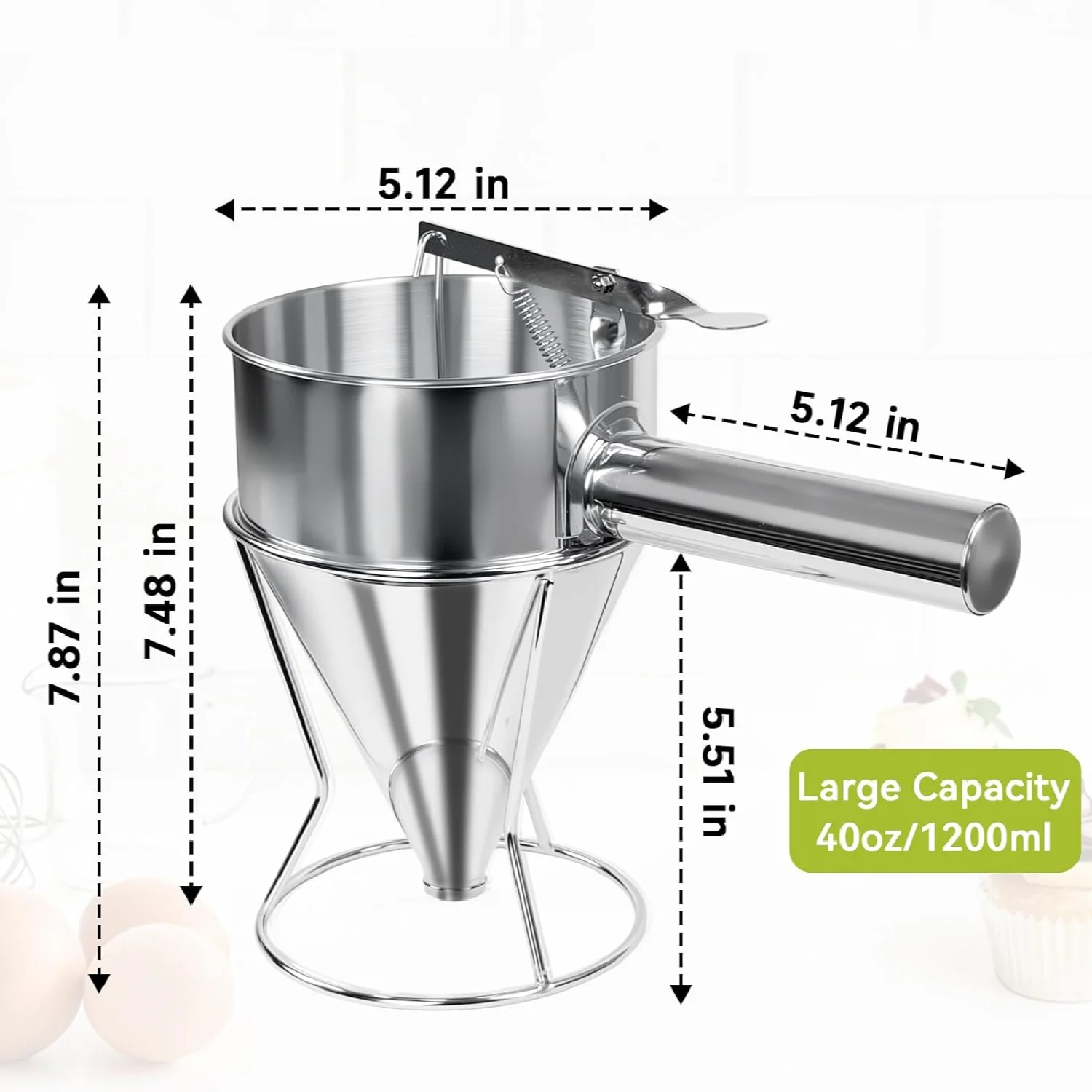 40oz Stainless Steel Pancake Batter Dispenser Pancake Dispenser with Stand and Squeeze Handle, 4 Interchangeable Nozzles