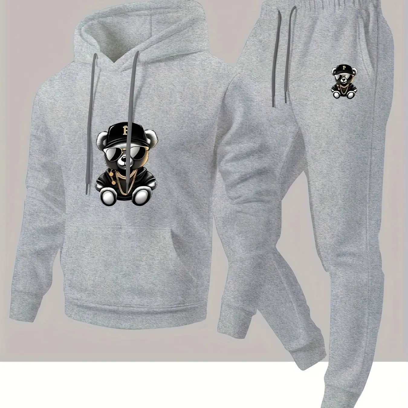 2026 Men Hip‑Hop Bear Print 2‑Piece Hoodie Jogger Set, Trendy Comfortable Casual Sportswear for Autumn‑Winter Daily Street Wear
