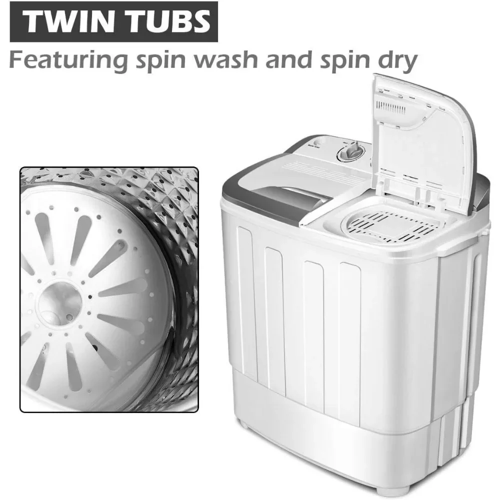 Portable Clothes Washing Machines, 13lbs Washer and Spinner Combo, Semi-Automatic Laundry Machine, Twin Tub Mini Washer Machine