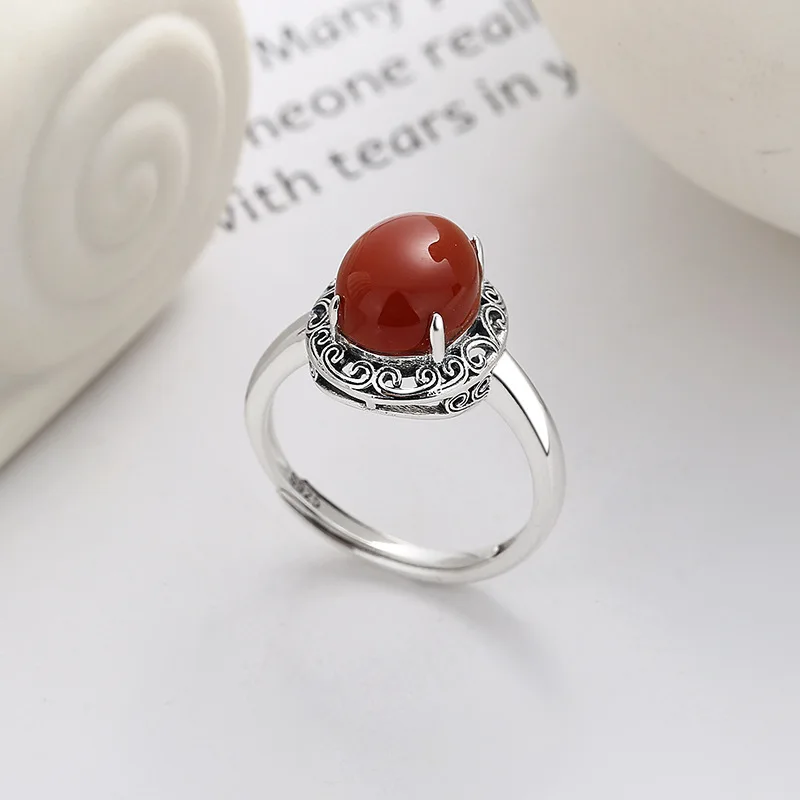 VOJEFEN 925 Silver Original Women\'s Engagement Rings Men Ruby Stone Love Retro Ring With Large Red Agate Luxury Quality Jewelry