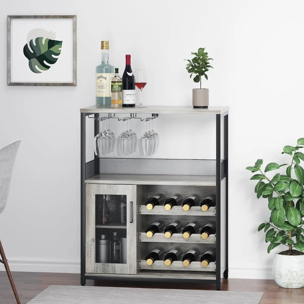 3-Tier Wine Bar Cabinet with Detachable Wine Rack and Storage Space, Buffet Cabinet with Glass Holder and Mesh Door