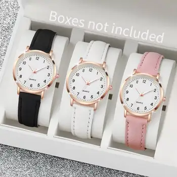 3ชิ้นหน้าปัดภาษาอาหรับแบบเรียบง่ายนาฬิกาผู้หญิงสายหนังลำลองน...