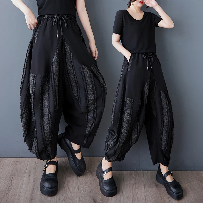 K Sle Harajuku – pantalon ample décontracté pour femmes, couleur Blo, rayures irrégulières, taille haute, Fiber de Polyester, nouvelle collection été