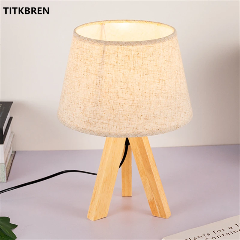 Nordic Wood Table Lamps Triangular Support Cloth Linen Lampshade Bedroom Bedside Study Desk Light Living Room Decor Fixture